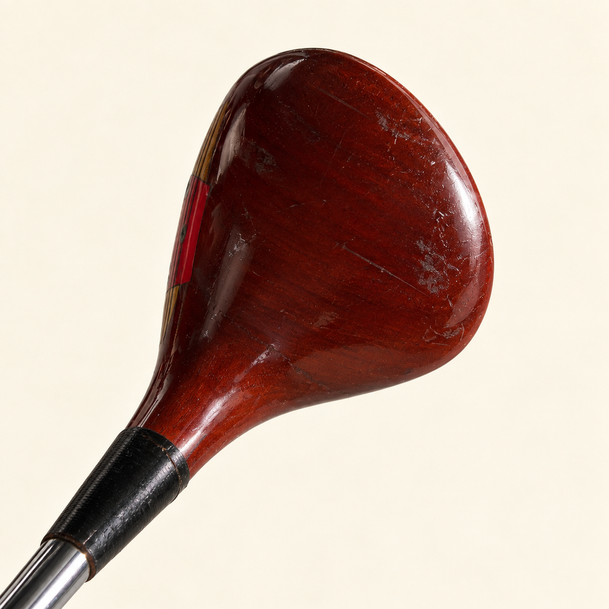 Crimson Classic cane head, reconstructed crown view with dark red-brown glossy wood and vintage wear.