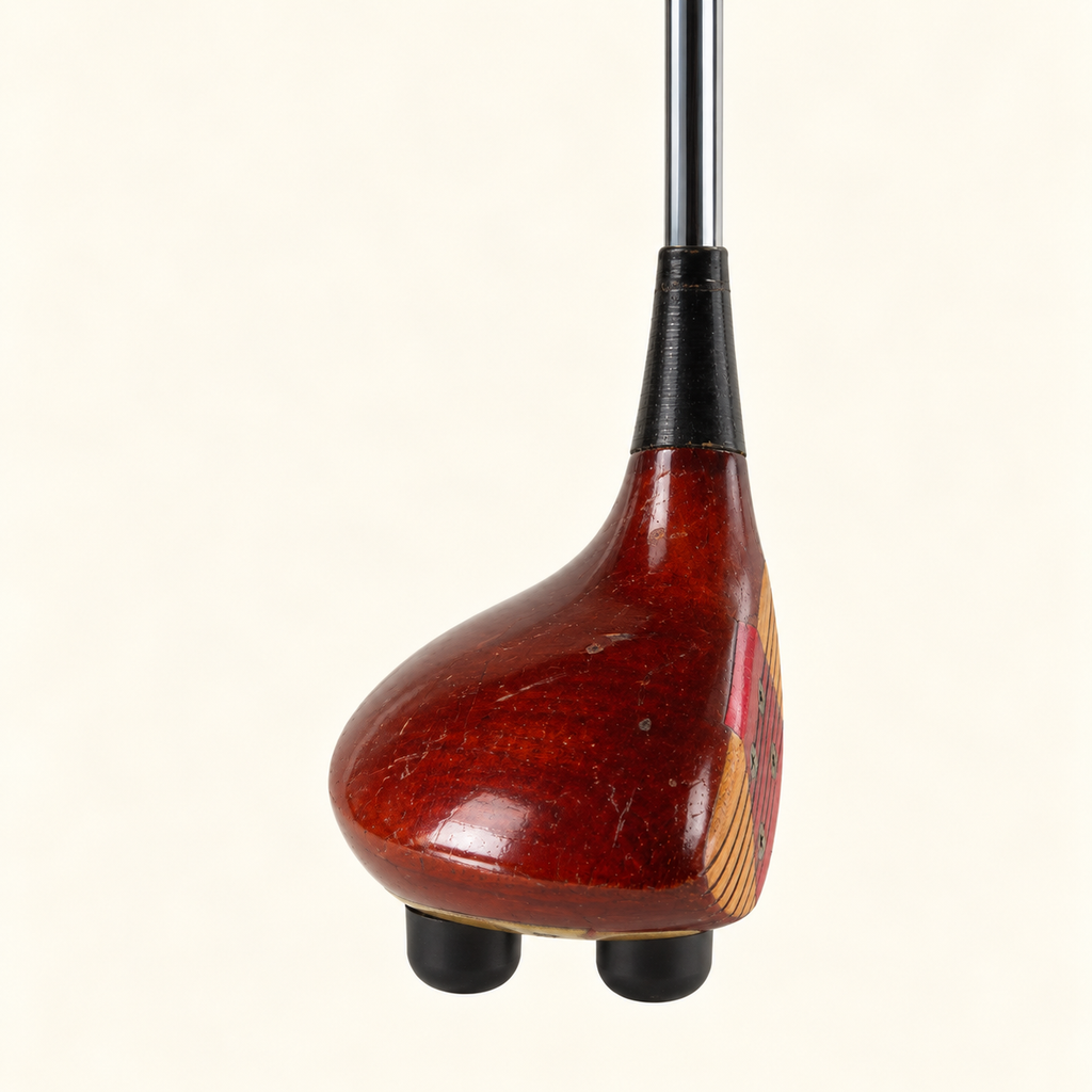Crimson Classic reconstructed wider rear view showing mahogany-colored crown and two rubber feet on cream background.