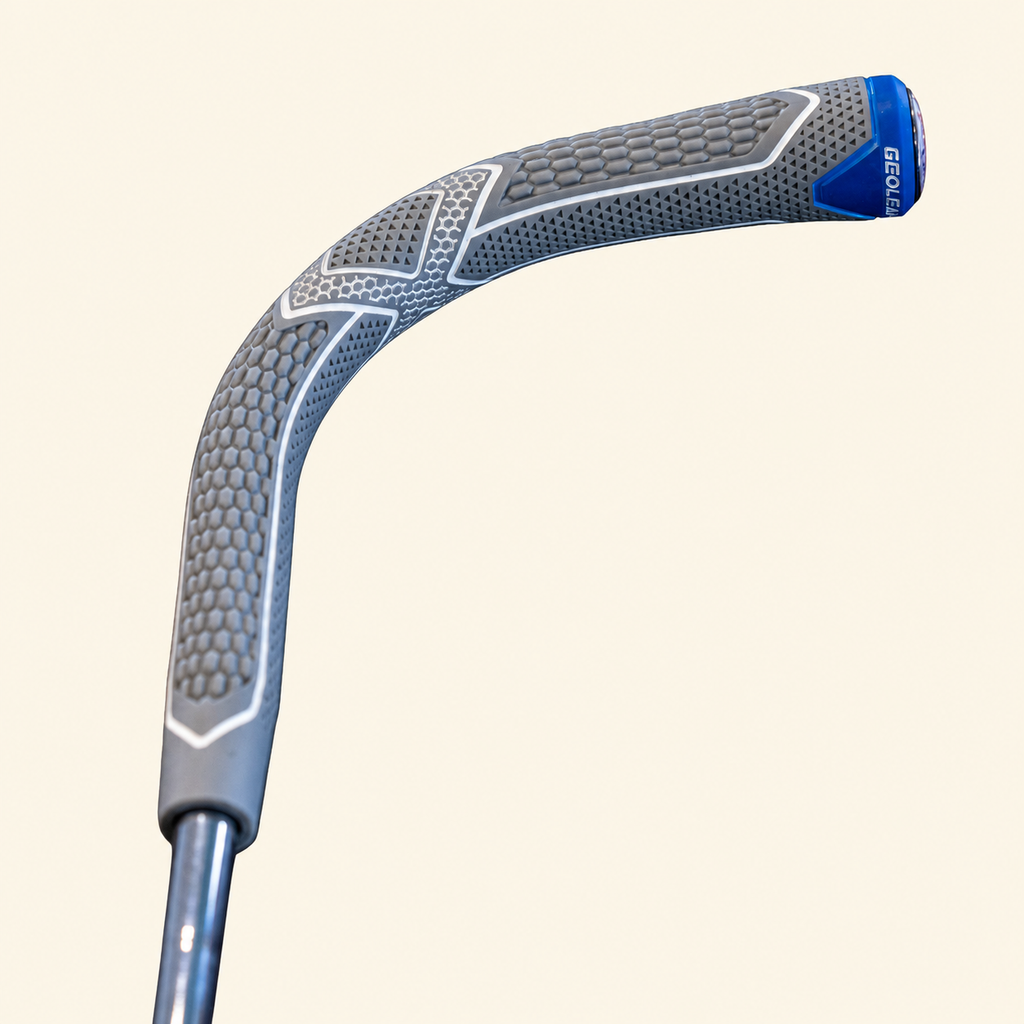 The Crimson Classic gray and blue cane handle close-up, view 2