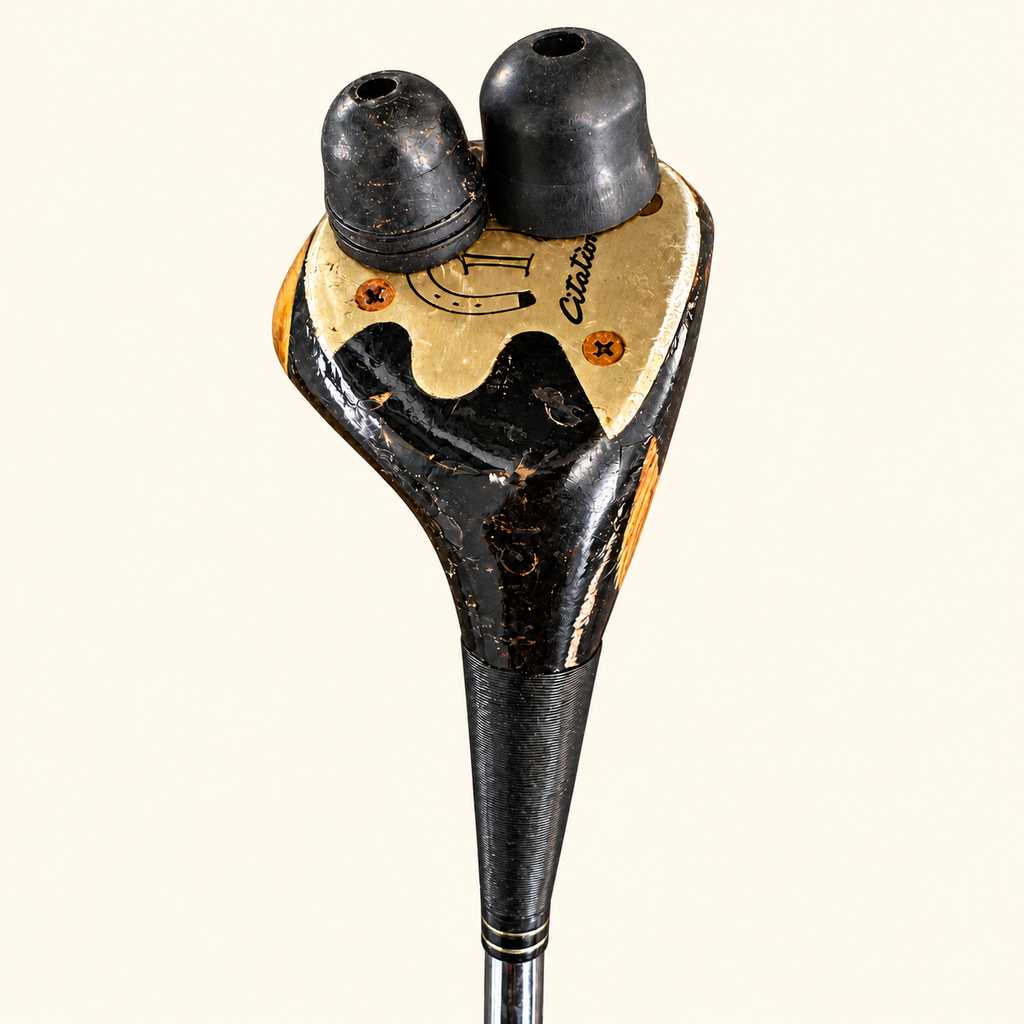 Model 12 club head sole close-up on a cream background