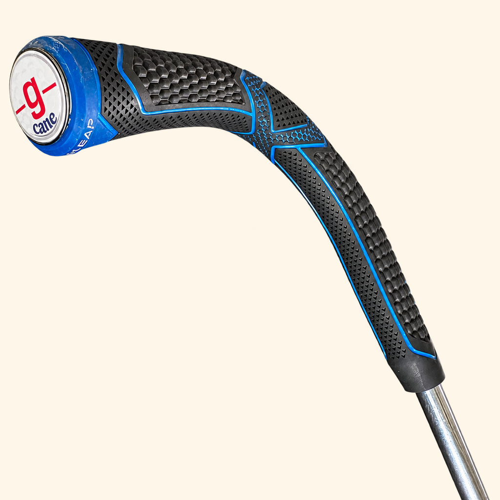 The Fairway Flame black and blue handle close-up rotated 90 degrees clockwise on a cream background