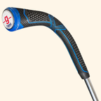 The Fairway Flame black and blue handle close-up rotated 90 degrees clockwise on a cream background