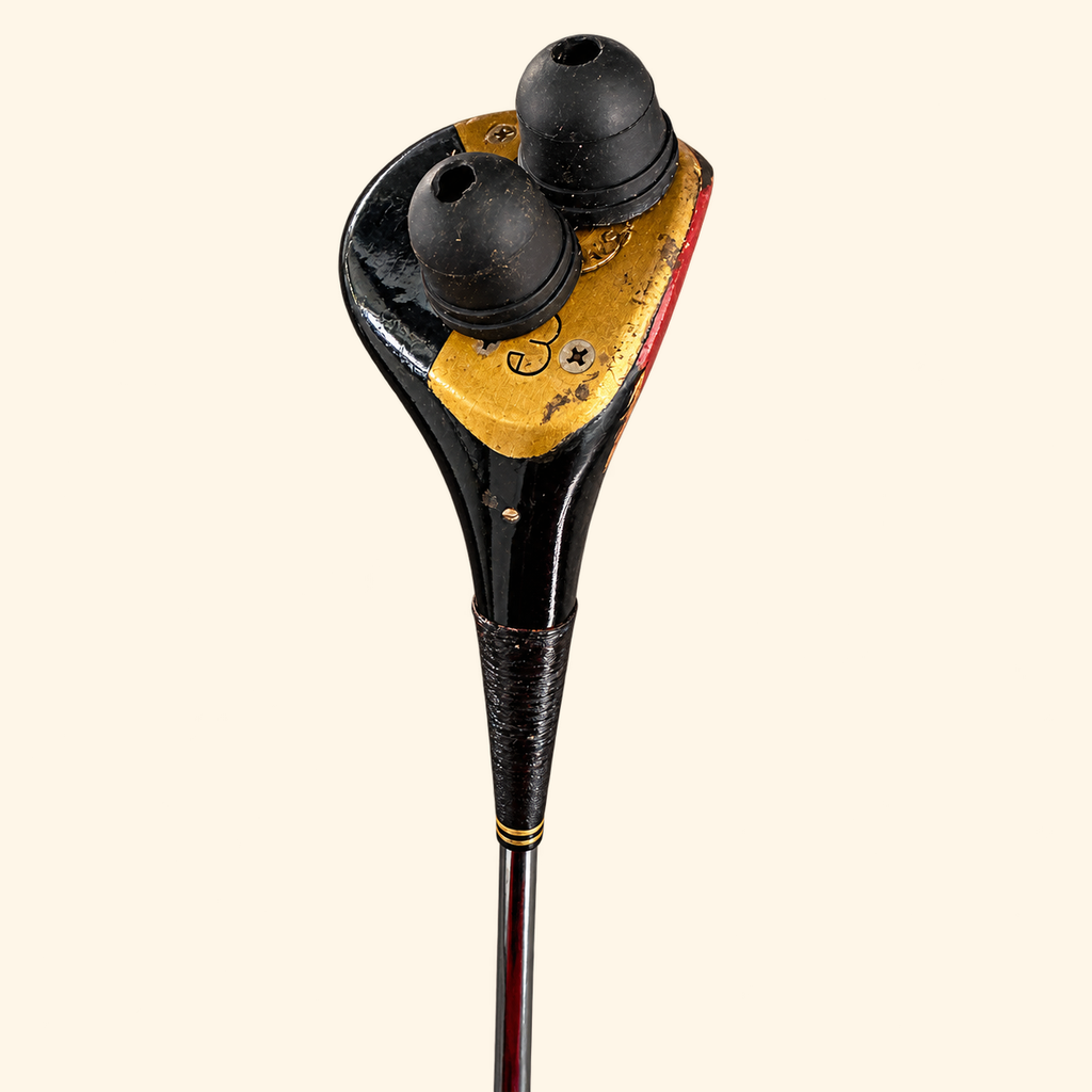 The Fairway Flame gold-toned sole plate and two black rubber feet on a cream background