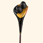 The Fairway Flame gold-toned sole plate and two black rubber feet on a cream background